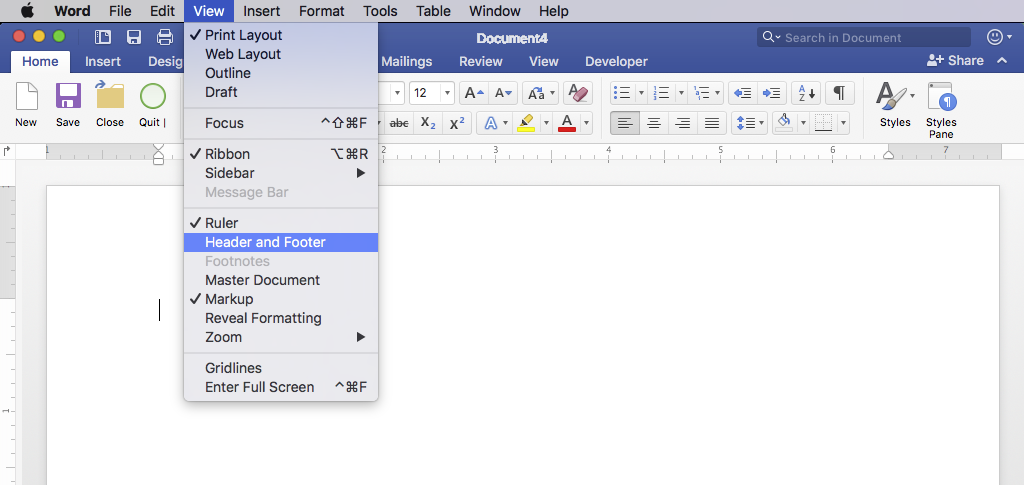 header in microsoft word 2016 for mac