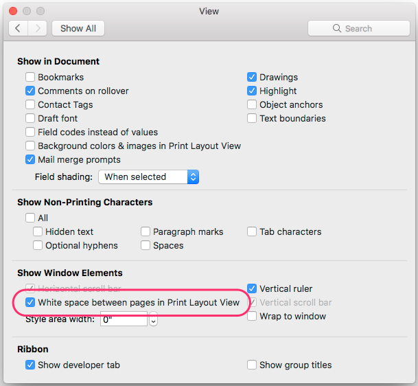 word for mac 2016 footer height